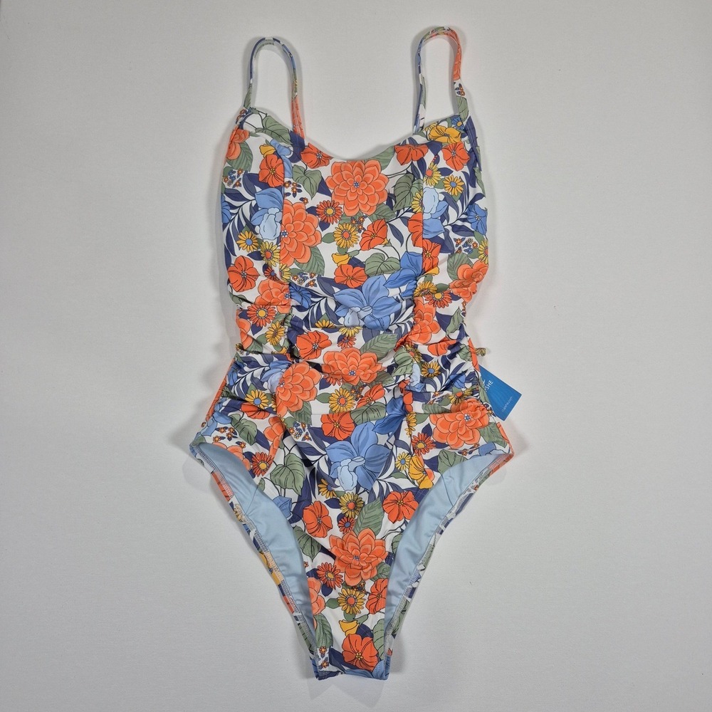 Cupshe Womens Floral Ruched One Piece Swimsuit Orange Blue Lace Up Back Medium